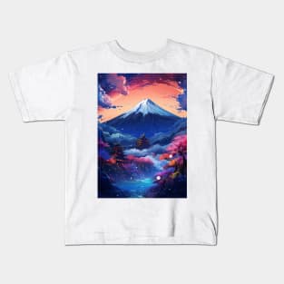 Japanese Landscape Mount Fuji Cherry Blossom Cyberpunk Kids T-Shirt